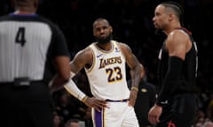 LeBron James looks at Houston Rockets forward Dillon Brooks during Sunday' night’s game. The two have developed a rivalry over the last year