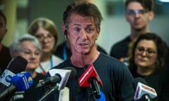 Sean Penn speaking at a press conference in Rzeszow, Poland, near the Ukrainian border last month.