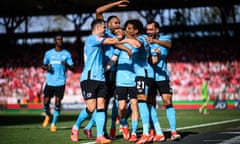 Florian Wirtz of Leverkusen is congratulated by teammates after scoring the only goal at Union Berlin