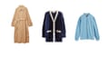 beige trenchcoat, navy blue cardigan, blue shirt