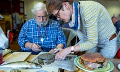 Where the Arts Belong<br>© Joel Goodman for the Guardian - 07973 332324 - all rights reserved . 02/05/2019 . Crewe , UK . Resident PETER BRADBROOK (86) receives guidance on his crab sculpture from artist BRIGITTE JURACK . Residents of Belong Care Village create clay artworks based on fishy models , including a crab and some prawns , enabled by artists from Liverpool-based Bluecoat contemporary arts . Photo credit : Joel Goodman