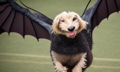 ‘A photograph of a calupoh with pterodactyl wings, velociraptor tail, spider legs, at a dog show’.