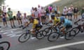 Adam Yates in the leader’s yellow jersey on the Peyresourde pass.