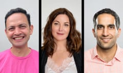 Man in pink shirt, brunette woman, man in orange checkered shirt