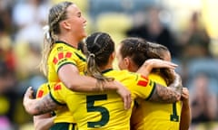 Tamika Upton celebrates after scoring a try during the Women's Pacific Championship match between the Australia Jillaroos and New Zealand Kiwi Ferns