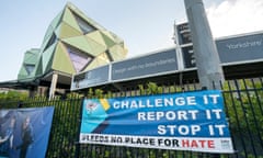 Azeem Rafiq racism case<br>A Yorkshire County Cricket Club sign that reads "Challenge it. Report it. Stop it. Leeds no place for hate" outside Yorkshire County Cricket Club's Headingley Stadium in Leeds. The club is facing mounting pressure from concerned politicians and departing sponsors after former England batter Gary Ballance has confessed to using "a racial slur" against his ex-Yorkshire team-mate Azeem Rafiq. Picture date: Thursday November 4, 2021. PA Photo. See PA story CRICKET Rafiq. Photo credit should read: Danny Lawson/PA Wire