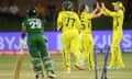 Georgia Wareham celebrates the wicket of Rumana Ahmed of Bangladesh during the Women's T20 World Cup group A match.