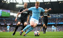 Kevin De Bruyne controls the ball at the Etihad Stadium on 22 April, when Manchester City set a Premier League record by registering 82.95% of possession against Swansea City.