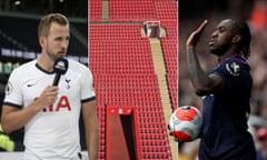 Harry Kane is interviewed by NBC Sports after Spurs’ Premier League match against Aston Villa; an empty Anfield in April; Michail Antonio of West Ham whose sleeve sponsor went into administration last week.