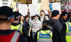 Protesters from the No pride in Hate group march on Sunday in Melbourne, where an anti-racist rally was organised to counter an ‘Australian Pride March’ held by far-right patriot groups.