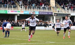 Hereford’s Mustapha Bundu celebrates in the FA Vase semi-final first leg win against Salisbury. 