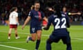 Lieke Martens races towards Tabitha Chawinga after scoring her second goal for PSG