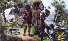 Robinson Crusoe<br>1719, Robinson Crusoe and Man Friday on the desert island. The idea for Daniel Defoe’s novel came from the real life story of marooned Scottish sailor Alexander Selkirk. (Photo by MPI/Getty Images) Colour;Format Landscape;Color;Couple;Male;Animal;Exploration Adventure;Literature;Personality;Rural;British;Pacific Islands;Earlydate;18th Century;MPIMP (LC);prints