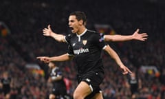 Wissam Ben Yedder celebrates scoring Sevilla’s first goal against Manchester United at Old Trafford.