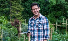 James Wong, ethnobotanist, TV presenter, author and celebrity gardener, in his own small vegetable patch where he experiments with unusual edible plants.