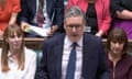 Keir Starmer faced questions about a Commons rebellion on the two-child benefit limit during the first prime minister's questions since the election