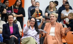 Lord Mayor of Sydney Clover Moore, Federal Minister for Indigenous Australians Linda Burney and Federal Minister for Environment Tanya Plibersek react to comments during a community meeting on the future of the National Centre of Indigenous Excellence in Redfern, Sydney, Friday, August 5, 2022.