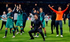 Mauricio Pochettino celebrates Tottenham’s win at Ajax that took them to the Champions League final.