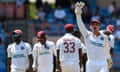 Joshua de Silva of West Indies celebrates taking the final England wicket. 