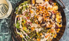 Tom Hunt's tahinia jar sauce with braised chard, aubergine and chickpeas.