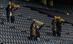 AIK v Degerfors IF - Allsvenskan<br>STOCKHOLM, SWEDEN - APRIL 12: After a year of having no supporters because of COVID-19 restrictions 8 supporters were chosen by lottery and allowed to attend during an Allsvenskan match between AIK and Degerfors IF at Friends Arena on April 12, 2021 in Stockholm, Sweden. (Photo by Michael Campanella/Getty Images)