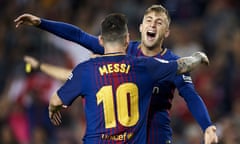 Gerard Deulofeu celebrates with Lionel Messi of after scoring Barcelona’s controversial opener.