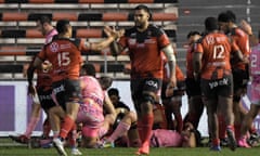 Toulon’s players celebrate after scoring a try against Stade Français in January