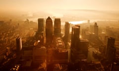 An aerial view of Canary Wharf at dawn