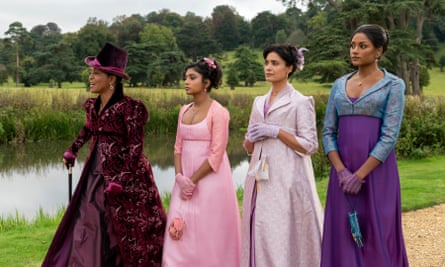 Adjoa Andoh as Lady Danbury, Charithra Chandran as Edwina Sharma, Shelley Conn as Mary Sharma and Simone Ashley as Kate Sharma.