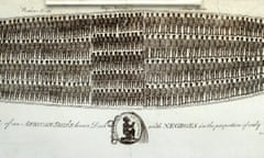 A section of a print showing slaves in shackles on a slave ship