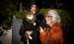 Mike Hohnen with his cat Bootsy and neighbour Enid Morrison in Rozelle in Sydney’s inner west