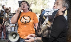 Western Australian Greens MLC Lyn MacLaren protests outside the offices of Emanuel Exports in Perth after the death of 2,400 sheep on a live export ship.