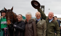 Willie Mullins (right) celebrates his 100th Cheltenham Festival victory in the winners’ enclosure after his horse Jasmin De Vaux ridden by his son Patrick (left) won the the Weatherbys Champion Bumper.