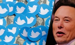 A photo illustration shows an image of Elon Musk next to images of Twitter logos and US dollar banknotes.