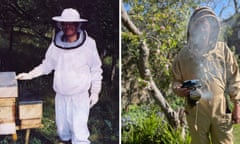 James Friend wearing beekeeping suit; Alasdair holding a smoker, wearing beekeeping suit.