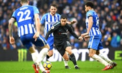 Chelsea’s Eden Hazard takes on the Brighton defence.