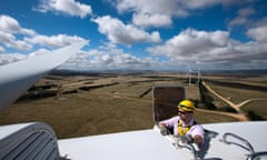 Sturt Daley, site manager, at the top of a wind turbine at Capital wind farm in Bungendore, Australia.
