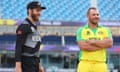 Captains Kane Williamson (New Zealand) and Aaron Finch (Australia) share a joke as they have a look at the T20 final pitch at the Dubai International Stadium on Saturday