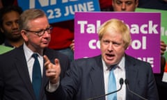 Boris Johnson (right) speaking alongside Michael Gove at a Vote Leave campaign event at Old Billingsgate market, London, this morning.
