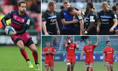 Gloucester’s Danny Cipriani, Bath’s Freddie Burns of Bath is consoled by Stuart Hooper and Saracens celebrate thir win over Glasgow.