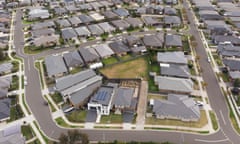 Oran Park housing estate in Western Sydney. Aerial, drone