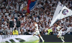 Joselu celebrates after scoring Real Madrid’s second against Real Sociedad