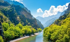 Panorama of the mountains in Greece in the area Zagori, the river flowing in the canyon<br>2HMRXAG Panorama of the mountains in Greece in the area Zagori, the river flowing in the canyon