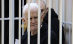 Ales Bialiatski in the defendants' cage during his hearing in Minsk.