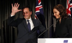 Former Victorian Liberal party Matthew Guy and wife Renae as he concedes defeat in the Victorian state election.