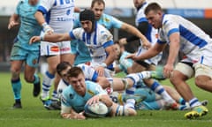 Exeter’s Henry Slade scores their fifth try at Sandy Park