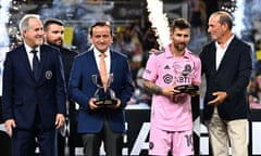 FBL-USA-LEAGUES-MIAMI-NASHVILLE<br>Inter Miami's Argentine forward #10 Lionel Messi poses with the award for Top Scorer, flanked by MLS Commissioner Don Garber (R), after Inter Milan won the Leagues Cup final football match against Nashville SC at Geodis Park in Nashville, Tennessee, on August 19, 2023. (Photo by CHANDAN KHANNA / AFP) (Photo by CHANDAN KHANNA/AFP via Getty Images)