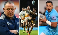 Steve Diamond, Sale Sharks Director of Rugby; Dan Robson of Wasps battles for the ball with Cadan Murley of Harlequins; Ben Te’o of Worcester Warriors