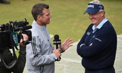 145th Open Championship - Previews<br>TROON, SCOTLAND - JULY 11: Colin Montgomerie of Scotland is interviewed for TV during a practice round ahead of the 145th Open Championship at Royal Troon on July 11, 2016 in Troon, Scotland. (Photo by Ross Kinnaird/R&amp;A/R&amp;A via Getty Images)