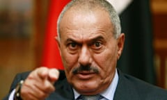 File photo of Yemen's President Saleh pointing during an interview with selected media in Sanaa<br>Yemen's President Ali Abdullah Saleh points during an interview with selected media, including Reuters, in Sanaa in this May 25, 2011 file photo. Saleh was recovering from an operation in Saudi Arabia to remove shrapnel from his chest while a truce between his troops and a tribal federation appeared to be holding on June 6, 2011. REUTERS/Khaled Abdullah/Files (YEMEN - Tags: POLITICS HEADSHOT)